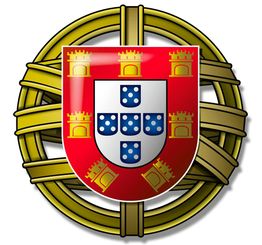 Brasão português com escudo vermelho, castelos dourados e escudetes azuis. Fundo dourado.