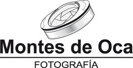 Logo de "Montes de Oca Fotografía" con un diseño de lente de cámara encima del texto.