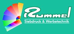Logo mit Farbverlauf und Text "Rummel Siebdruck & Werbetechnik" auf grünem Hintergrund.