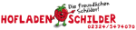 "Lächelnde Erdbeere mit Text: 'Die freundlichen Schilder' und 'Hofladen Schilder' mit Nummer."