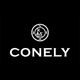 Logo de Conely en blanco sobre fondo negro, con diseño circular decorativo encima del nombre.