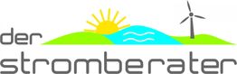Logo mit Sonne, Hügel, Fluss und Windrad, Text: "der stromberater".