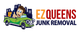 Cartoon man in green truck with boxes and "EZ Queens Junk Removal" text.