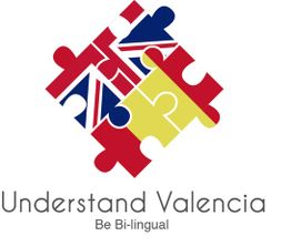 Un logotipo con piezas de rompecabezas de banderas británica y española. Texto: "Understand Valencia".