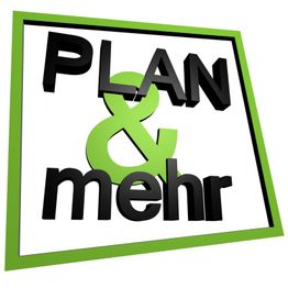 Schwarzer Text "PLAN & mehr" auf weißem Hintergrund mit grünem Rahmen.