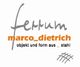 Logo mit Schriftzug "ferrum", "marco_dietrich", "objekt und form aus _ stahl" und Gittersymbol.