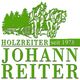 Grünes Logo mit Pferden, Wald und dem Text: "Holzreiter seit 1978 Johann Reiter".