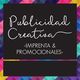 Texto “Publicidad Creativa, Imprenta & Promocionales” sobre fondo geométrico colorido.