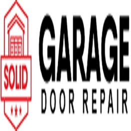 "Logo of Solid Garage Door Repair with a red shield and house icon."