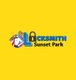 Logo for Locksmith Sunset Park with a key, lock, and worker graphic on a yellow background.