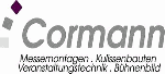 Cormann-Logo mit Text: Messemanagen, Kulissenbauten, Veranstaltungstechnik, Bühnenbild.