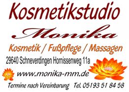 Kosmetikstudio-Werbung mit Kontaktinfos, Logo und Blumenmotiv. Dienstleistungen: Kosmetik, Fußpflege.