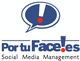 Logotipo de "Por tu Face! es" con un globo de diálogo azul. Texto: Social Media Management.
