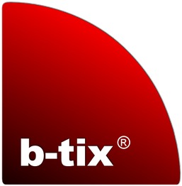 Schwarzes und rotes Logo mit der Aufschrift „b-tix®“ in weißer Schrift.
