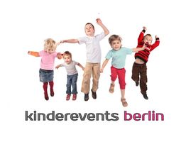 Fünf springende Kinder, Text "Kinderevents Berlin" darunter.
