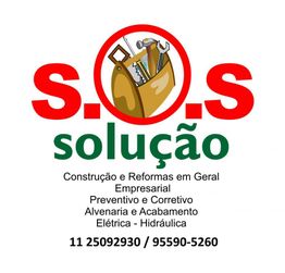 Imagem de um logotipo com texto "S.O.S Solução" e informações de contato para serviços gerais.