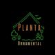 Logotipo con texto "Planta Ornamental" y dibujos de plantas en un fondo negro.