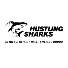 Logo mit Haifisch und Text: "Hustling Sharks. Denn Erfolg ist deine Entscheidung!"