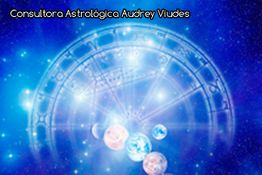 Imagem de planetas com um mapa astrológico azul brilhante ao fundo. Texto: "Consultora Astrológica".