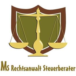 Waage vor Wappen, Text: "MS Rechtsanwalt Steuerberater".