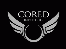 Schwarzes Logo mit grauen Flügeln und dem Schriftzug "Cored Industries" in der Mitte.