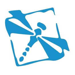 Blaues, abstraktes Logo auf weißem Hintergrund, das stilisierte Linien und Formen zeigt.