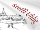 Gekritzel einer Stadtansicht mit dem Namen "Steffi Uhlig" in roter Schrift darüber.