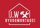 Rødt logo med teksten "J.W Byg og Montage APS" og værktøjsikoner.