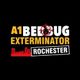 Logo for A1 Bed Bug Exterminator Rochester with city skyline, black background.