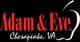 Red "Adam & Eve" text logo with "Chesapeake, VA" below on black background, apple outline on side.
