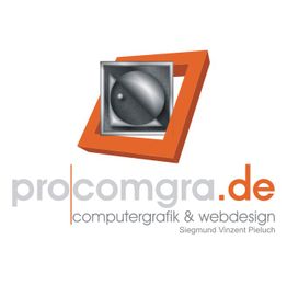 Logo von "procomgra.de" mit orangefarbenem 3D-Rahmen und Text "computergrafik & webdesign".
