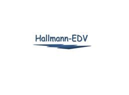 Logo mit Schriftzug "Hallmann-EDV" auf weißem Hintergrund, darunter ein blauer Schatten.