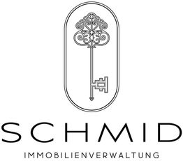 Schwarz-weißes Logo mit einem dekorativen Schlüssel und der Aufschrift "Schmid Immobilienverwaltung".