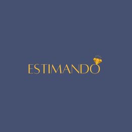 "ESTIMANDO-Logo auf blauem Hintergrund, Buchstabe 'O' als goldener Diamant gestaltet."