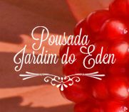 Texto "Pousada Jardim do Éden" sobre fundo com detalhe de romã.