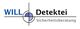 Logo mit der Aufschrift: Will Detektei Sicherheitsberatung, Zielfadenkreuz im Hintergrund.