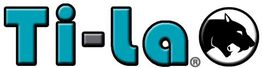 Logo "Ti-la" in Blau mit schwarzem Pantherkopf im Kreis rechts.