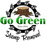 Logo with a tree stump reads "Go Green Stump Removal, Since 2012."