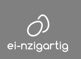 Graues Bild mit dem Wort "ei-nzigartig" und zwei gezeichneten Eiern darüber.