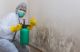 Person in protective gear sprays mold on a wall, giving a thumbs-up.
