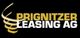 Logo der Prignitzer Leasing AG mit gelbem, spiralförmigem Symbol auf schwarzem Hintergrund.
