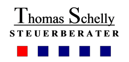 Textlogo "Thomas Schelly Steuerberater" mit fünf Quadraten: eins rot, vier blau.