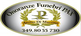 Logo ovale di Onoranze Funebri PAX, nome Attilio Di Martino e numero di telefono 349.80 55 730.