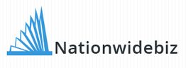 Blue geometric logo with text "Nationwidebiz" on a striped background.
