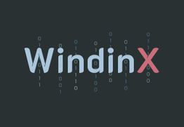 Der Schriftzug "WindinX" mit binärem Hintergrund auf dunklem Hintergrund.