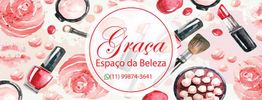 Banner do "Graça Espaço da Beleza" com maquiagem ao fundo e número de WhatsApp.