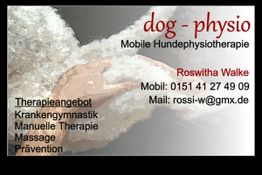 Visitenkarte für mobile Hundephysiotherapie mit Kontaktinfo und Therapieangebot.