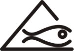 Symbol eines Fisches mit einem Auge, eingebettet in ein dreieckiges Design, schwarz auf weiß.