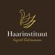Logo van Haarinstituut met gestileerde vogel en tekst "Ingrid Adriaensen" op bruine achtergrond.