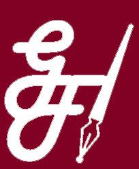 Weißes Logo mit Schrift und Feder auf rotem Hintergrund.